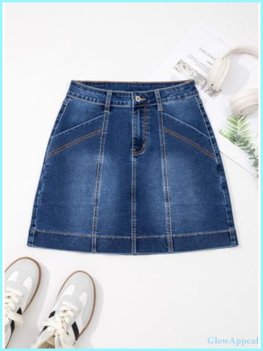 High Waisted Front Seam Mini Denim Skirt with Pockets - Picture 5 of 6